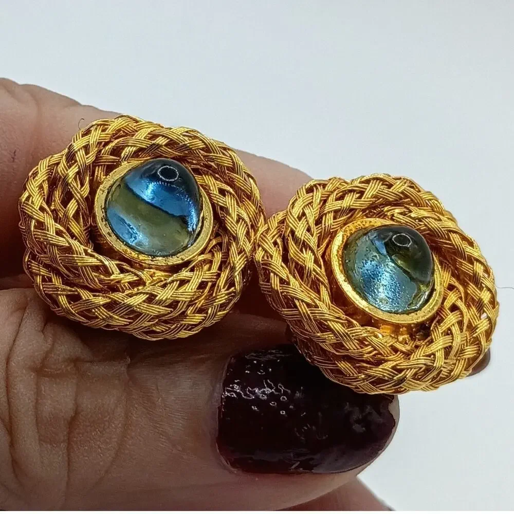 Mid Century Cufflinks with Aqua Blue Cabochons